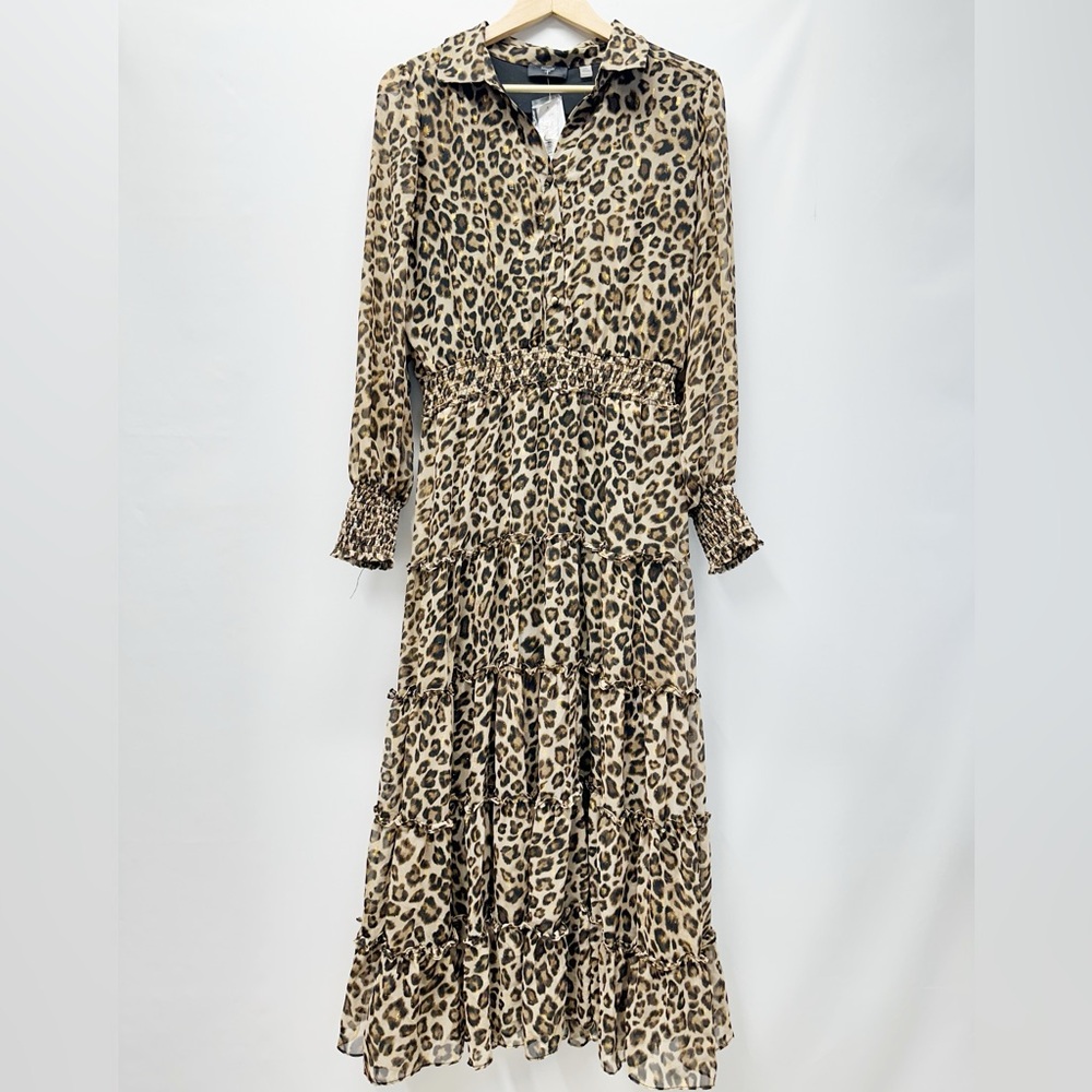 T Tahari Women’s Beige Leopard Print Chiffon Tiered Maxi Dress Size XS